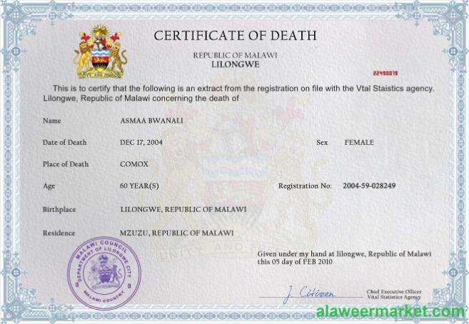 Malawi death certificate